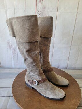 Franco Sarto Tech Gray Stone-washed Tall Suede Boots Women’s 8.5 Strap Buckles